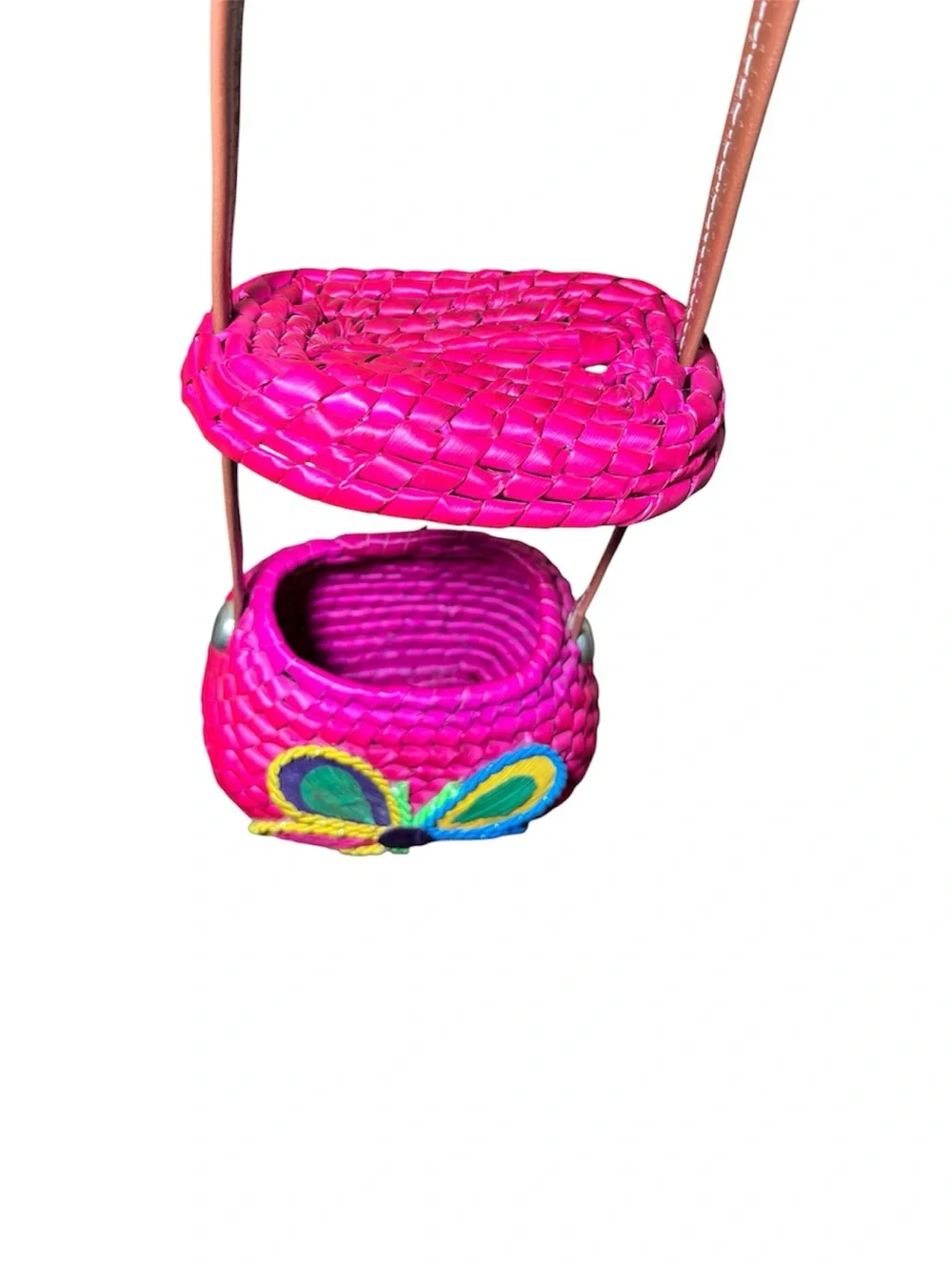Handwoven Pink & Green Floral Crossbody Basket Bag